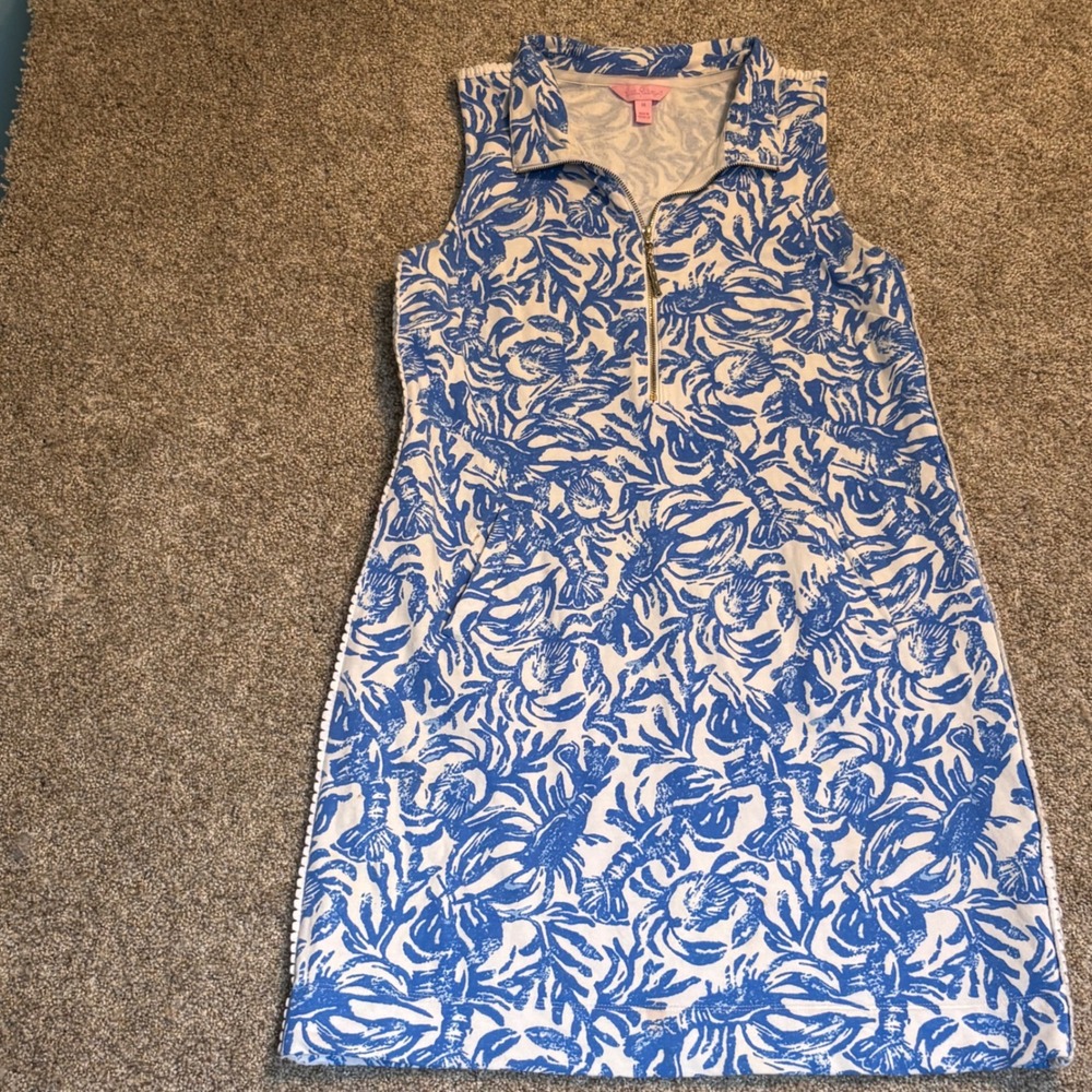 Lilly Pulitzer M Shift Dress Lobster Sleeveless Zipper Crochet Coastal Blue